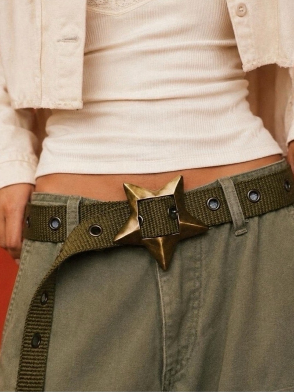 NWT Free People 90s Boho Grunge Zoa Star Buckle Hip Belt Olive Green L Y2K